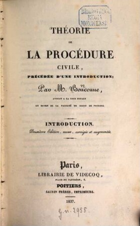 Théorie de la procédure civile : précédée d'une introduction. 1, Introduction