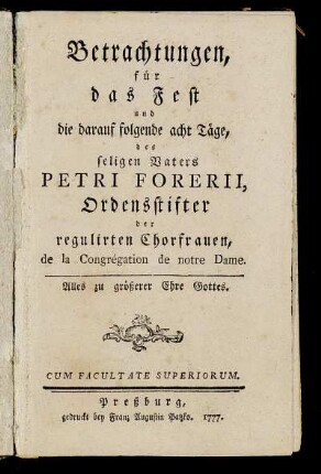 Betrachtungen für das Fest und die darauf folgende acht Täge