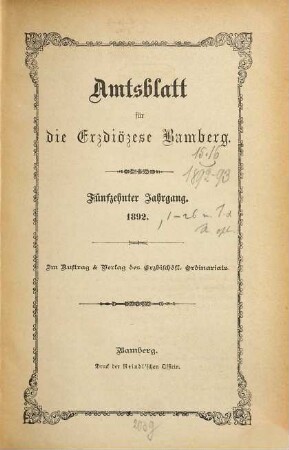 Amtsblatt für die Erzdiözese Bamberg : Amtsbl. des Erzbischöflichen Ordinariats Bamberg. 15. 1892