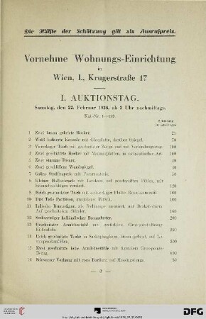 I. Auktionstag: Samstag, den 22 Februar 1936, ab 3 Uhr nachmittags (Nr. 1-199)