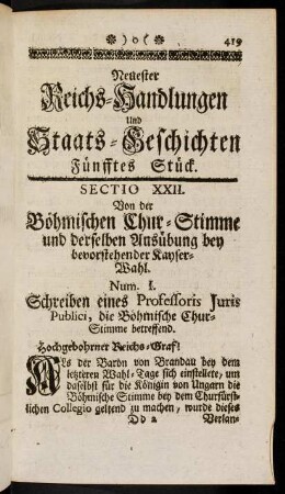 419-481, Sectio XXII. Böhmischen Chur-Stimme und derselben Ausübung bey bevorstehender Kayser-Wahl