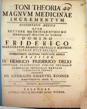 Toni theoria magnum medicinae incrementum : Diss. med.