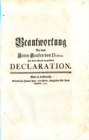 Beantwortung Der vom Herrn Grafen von Dohna Vor seiner Abreise vorgelesenen Declaration