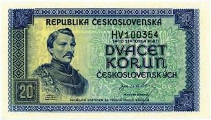 Geldschein, 20 Koruna, 1945