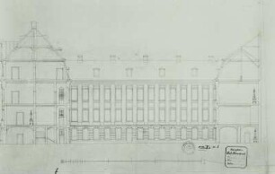 Dresden, Landhaus, Neubauprojekt des Palais Flemming. Schnitt durch die Seitenflügel und Fassade der Rückfront