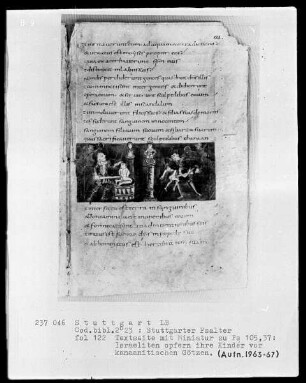 Der Stuttgarter Bibelpsalter — Ein Mädchen und ein Knabe werden Astarte und Moloch geopfert, Folio 122recto