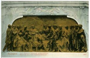 Budapest. Relief an dem Graf-Andrassy-Denkmal (1906) : Budapest. Reiterstandbild von Gyula Andrássy (1906; György Zala). Relief mit Verhandlungsszene (Graf Andrássy als Außenminister auf dem Berliner Kongress 1878) am Postament. Das Denkmal wurde 1945 abgetragen und eingeschmolzen, 2016 wurde eine Kopie aufgestellt.