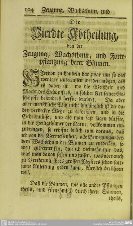 Die Vierdte Abtheilung, von der Zeugung, Wachsthum, und Forttpflantzung derer Blumen