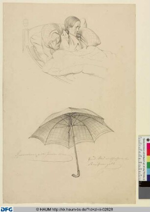 Frau im Bett und ein Regenschirm