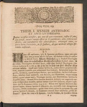Thesis I. Speneri Anti[...]pa[...] Et Anti-Lutherana