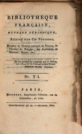 Bibliothèque française : ouvrage périodique. 1. 1800, 6 = Okt.