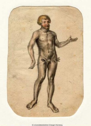 Stehender nackter Mann ( vgl. B 1336). Sehr ähnliche Figur, mit weiter gespreizten Beinen und ausgestrecktem linken Unterarm. Mit der Rechten hält sie einen Zweig vor die Scham