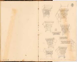 Reiseskizzenbuch 1828: Kaiserpfalz, Gelnhausen: Säulendetails, Kapitelle in der Kaiserpfalz Gelnhausen