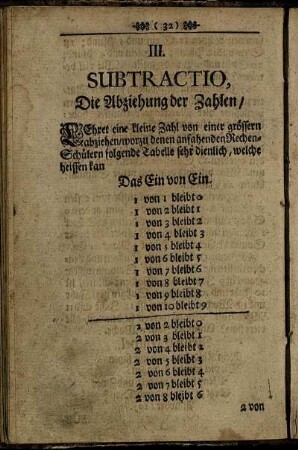 III. Subtractio, Die Abziehung der Zahlen.