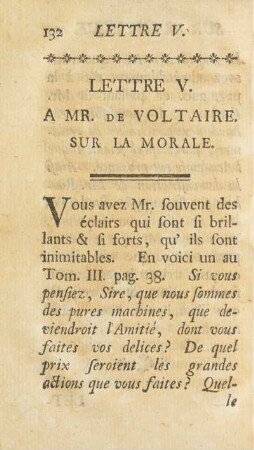 Lettre V. A Mr. De Voltaire. Sur La Morale.