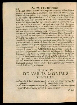 Sectio IV. De Variis Moribus Gentium.