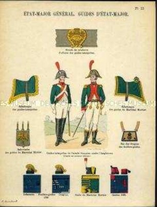Uniformdarstellung, Gemeiner und Offizier der Guiden, Detailstudien von Hüten, Abzeichen, Schabracken und Säbeltaschen, Frankreich, 1756/1848.