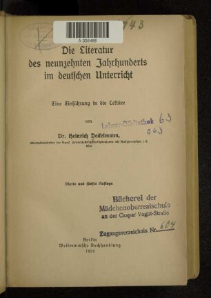 Die Literatur des neunzehnten Jahrhunderts im deutschen Unterricht : eine Einführung in die Lektüre