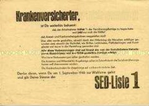 Propagandaflugblatt der SED über ihre Leistungen im Gesundheitswesen, verbunden mit Wahlaufruf