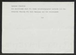 Brief von Gerhart Hauptmann an Hermann Claudius