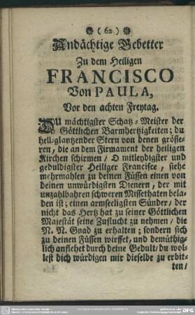 Andächtige Gebetter Zu dem Heiligen Francisco Von Paula, Vor den achten Freytag
