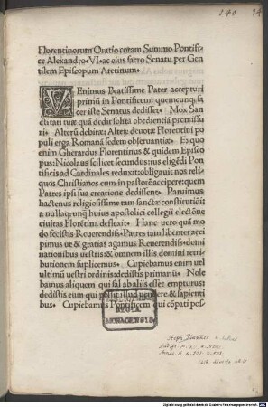 Florentinorum Oratio coram Summo Pontifi-|| ce Alexandro * VI * ac eius sacro Senatu per Gen|| tilem Episcopum Aretinum