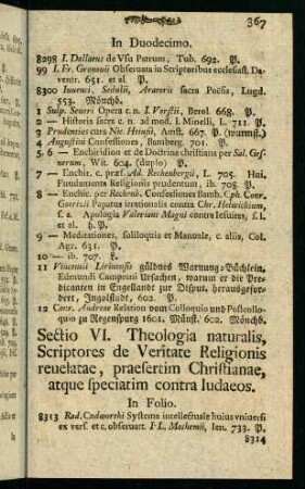 367-379, Sectio VI. Theologia naturalis, Scriptores de Veritate Religionis reuelatae, praesertim Christiane, atque speciatim contra ludaeos.