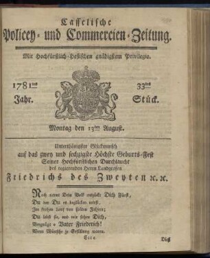 1781tes Jahr. 33tes Stück. Montag den 13ten August