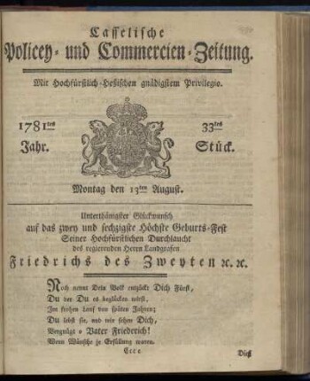 1781tes Jahr. 33tes Stück. Montag den 13ten August