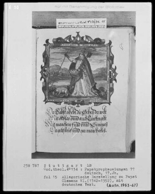 Flugschrift mit Illustrationen aus den Papstprophezeiungen mit antipäpstlichen Spottversen — Allegorische Darstellung zu Papst Clemens 6. (1342-1352), Folio 15recto