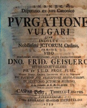 Disputatio ex jure Canonico de purgatione vulgari