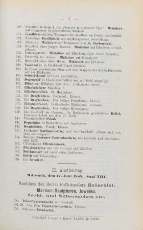 II. Auctionstag Mitwoch, den 17. Juni 1885, Saal VIII.