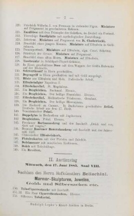 II. Auctionstag Mitwoch, den 17. Juni 1885, Saal VIII.
