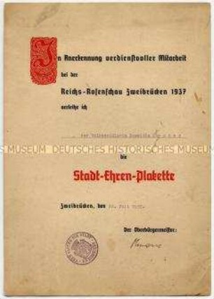 Verleihungsurkunde zur Ehren-Plakette für die Teilnahme an der Reichs-Rosenschau in Zweibrücken 1937 - Personenkonvolut