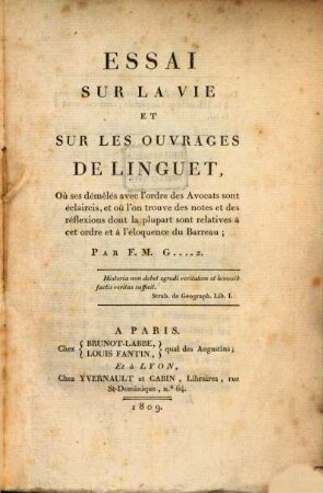 Essai sur la Vie et les ouvrages Linguet