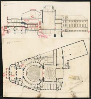 Stadttheater, Bochum: Grundriss und Längsschnitt