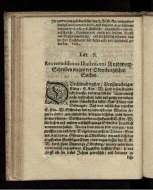 Litt. S. Reverendissimi Illustrissimi Antdwort-Schreiben wegen der Oldenburgischen Sachen