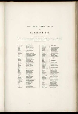 List of Specific Names of Humming-Birds.