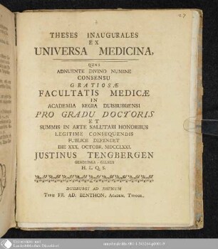 Theses Inaugurales Ex Universa Medicina