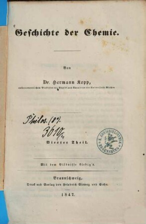 Geschichte der Chemie, 4 : Mit dem Bildnisse Liebig's