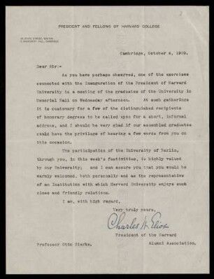 Nr. 3 Brief von Charles Wilhelm Eliot an Otto von Gierke. Cambridge, 4.10.1909