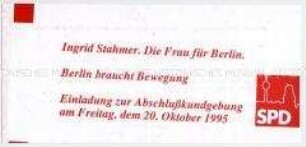 Einladungskarte zur Abschlusskundgebung der SPD Berlin im Wahlkampf 1995 mit Ingrid Stahmer, Manfred Stolpe und Rudolf Scharping