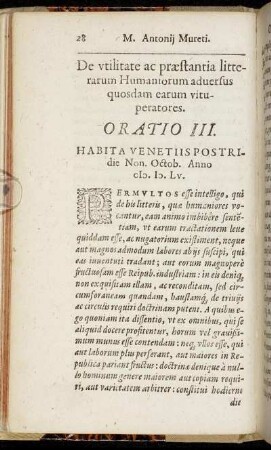 De ulitate ac præstantia litterarum Humaniorum aduersus quosdam earum vituperatores. Oratio III.