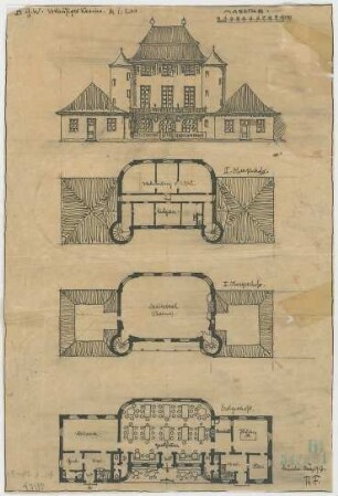 Fischer, Theodor; München; Bayerische Geschützwerke - Vorläufiges Kasino (Grundriss EG, Grundriss 1. OG, Grundriss 2. OG, Ansicht)
