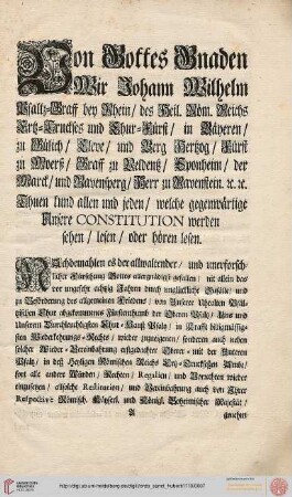 Von Gottes Gnaden wir Johann Wilhelm Pfaltz-Graff [...]