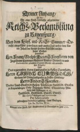 Dritter Anhang, ... An eine ... Reichs-Versamlung zu Regenspurg, ...