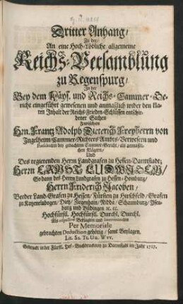 Dritter Anhang, ... An eine ... Reichs-Versamlung zu Regenspurg, ...