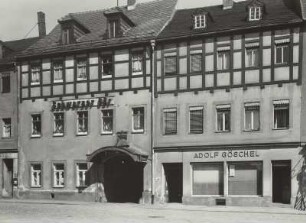 Rochlitz, Hotel "Schwarzer Bär", Ansicht mit Hauszeichen von 1632