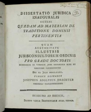 Dissertatio Juridica Inauguralis Sistens Quædam Ad Materiam De Traditione Dominii Pertinentia