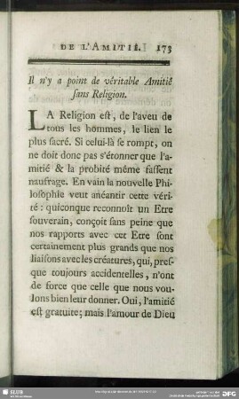 Il n'y a point de véritable Amitié sans Religion